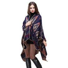 Bohemian Women Warm Ponchos And Capes Geometric Pattern Contrastcolor Pashmina Shawl Boho Cape Dark Blue