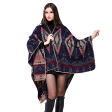 Bohemian Women Warm Ponchos And Capes Geometric Pattern Contrastcolor Pashmina Shawl Boho Cape Dark Blue