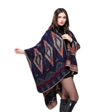 Bohemian Women Warm Ponchos And Capes Geometric Pattern Contrastcolor Pashmina Shawl Boho Cape Dark Blue