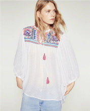 Ethnic Strappy V neck Embroidery Shirt Women 3/4 Bat sleeve Loose Pullover Dobby Blouse Tops blusas femme 2 color
