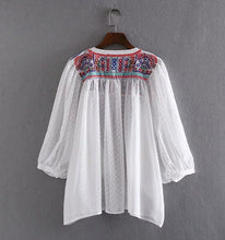 Ethnic Strappy V neck Embroidery Shirt Women 3/4 Bat sleeve Loose Pullover Dobby Blouse Tops blusas femme 2 color
