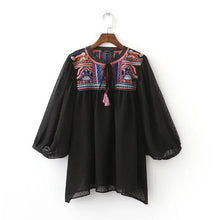 Ethnic Strappy V neck Embroidery Shirt Women 3/4 Bat sleeve Loose Pullover Dobby Blouse Tops blusas femme 2 color
