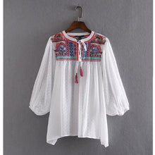 Ethnic Strappy V neck Embroidery Shirt Women 3/4 Bat sleeve Loose Pullover Dobby Blouse Tops blusas femme 2 color