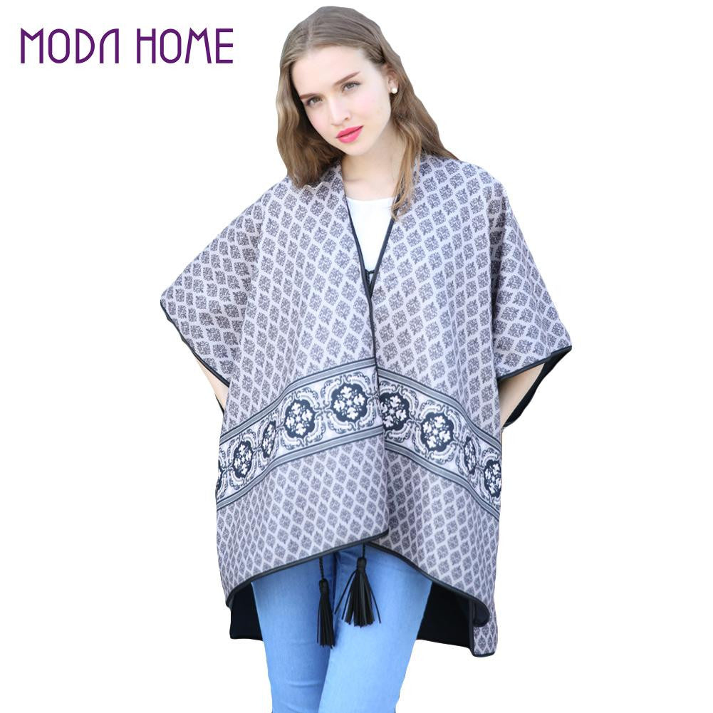 Euro Women Knitted Scarf Poncho Floral Print Shawls Scarves Vintage Ladies Warm Tassel Ponchos Capes Bolsa Feminina