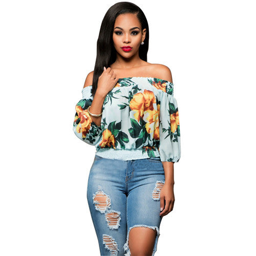 Floral Printed Crop Top Women Tops Sexy Off Shoulder Blouses And Shirts Beach Slash Neck Flower Tops Cropped