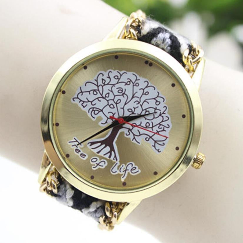 Fashion Ladies Women Tree Of Life Pattern Bracelet Watch Knitting Dial Quartz Watch