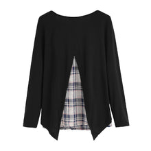 Fashion Kpop Women Faux Two-Piece T Shirt Plaid V Cutout Splicing Round Neck Tee Shirts Long Sleeve Top Black Ropa Mujer