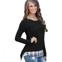 Fashion Kpop Women Faux Two-Piece T Shirt Plaid V Cutout Splicing Round Neck Tee Shirts Long Sleeve Top Black Ropa Mujer