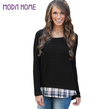 Fashion Kpop Women Faux Two-Piece T Shirt Plaid V Cutout Splicing Round Neck Tee Shirts Long Sleeve Top Black Ropa Mujer