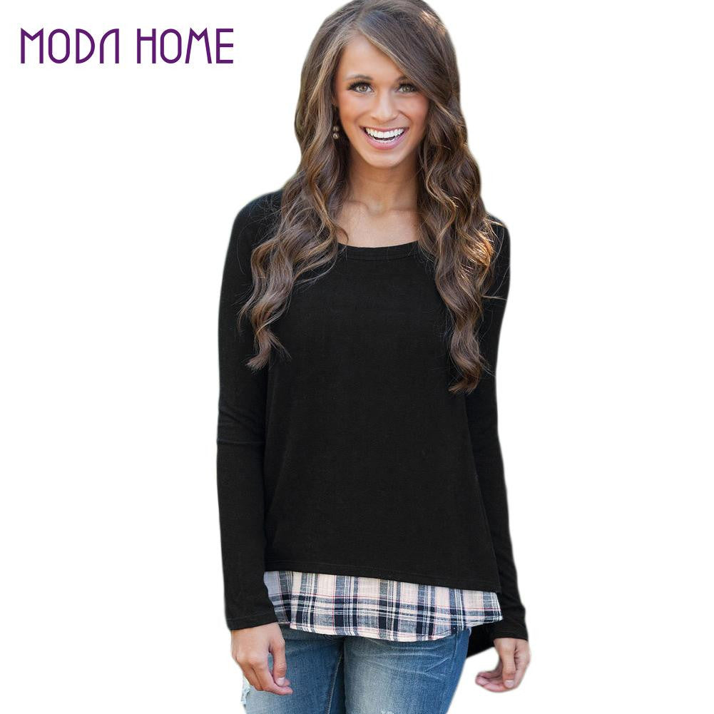 Fashion Kpop Women Faux Two-Piece T Shirt Plaid V Cutout Splicing Round Neck Tee Shirts Long Sleeve Top Black Ropa Mujer