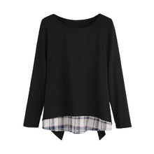 Fashion Kpop Women Faux Two-Piece T Shirt Plaid V Cutout Splicing Round Neck Tee Shirts Long Sleeve Top Black Ropa Mujer