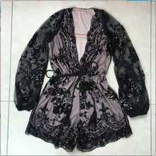 Sequin Jumpsuit Sexy Deep V Jumpsuit And Romper Playsuit Women Long Sleeve Lace Rompers Womens Jumpsuit With Belt