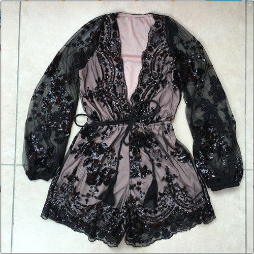Sequin Jumpsuit Sexy Deep V Jumpsuit And Romper Playsuit Women Long Sleeve Lace Rompers Womens Jumpsuit With Belt