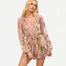 Sequin Jumpsuit Sexy Deep V Jumpsuit And Romper Playsuit Women Long Sleeve Lace Rompers Womens Jumpsuit With Belt