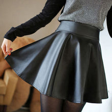 Women Faux Leather High Waist Skater Flared Pleated Short Mini Skirt