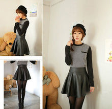 Women Faux Leather High Waist Skater Flared Pleated Short Mini Skirt
