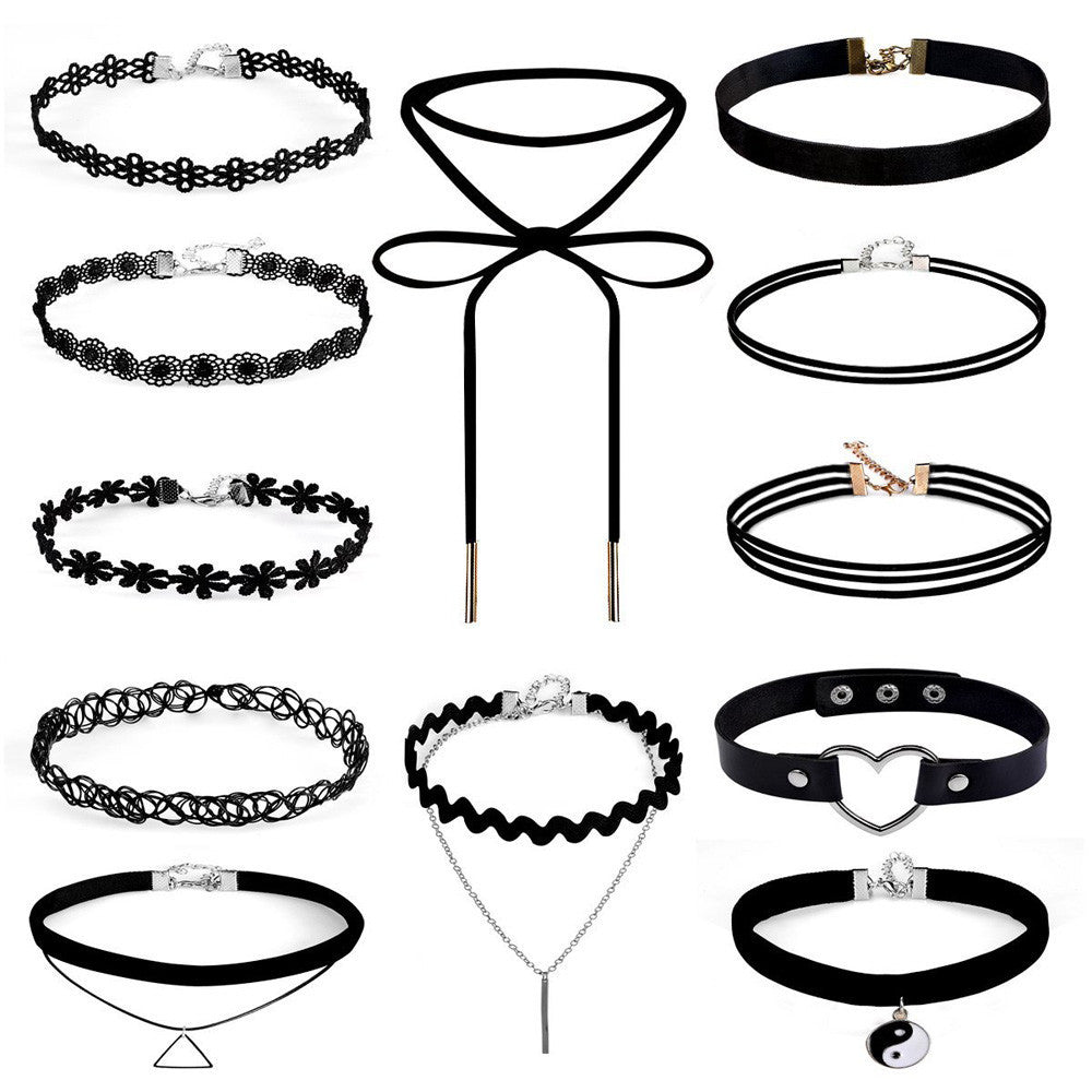 12 Pieces Women Chokers Necklace Set Stretch Velvet Classic Gothic Tattoo Black Lace Charm Jewelry Gift