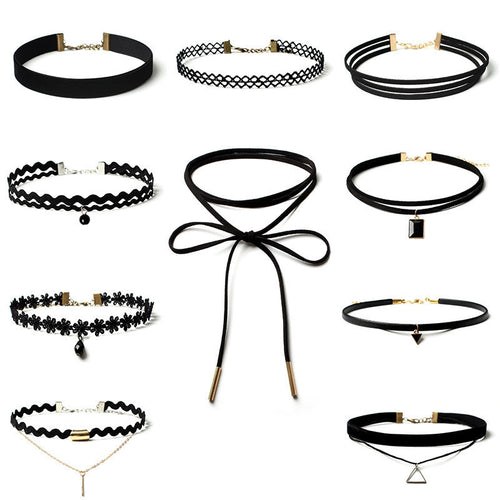 10 Pieces Choker Necklace Set Stretch Black Velvet Classic Gothic Tattoo Lace Chokers Women Jewelry Gift