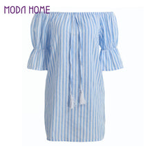 Korean Casual Sexy Women Dresses Blue Striped Off The Shoulder Half Sleeve Shirt Mini Dress Beach Dress Robe