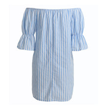 Korean Casual Sexy Women Dresses Blue Striped Off The Shoulder Half Sleeve Shirt Mini Dress Beach Dress Robe