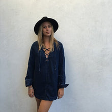 Metal Eye Lacing up V neck Long sleeve Denim Dress Women shirt Dress Femme jurk elbise robe longue Blue s m l