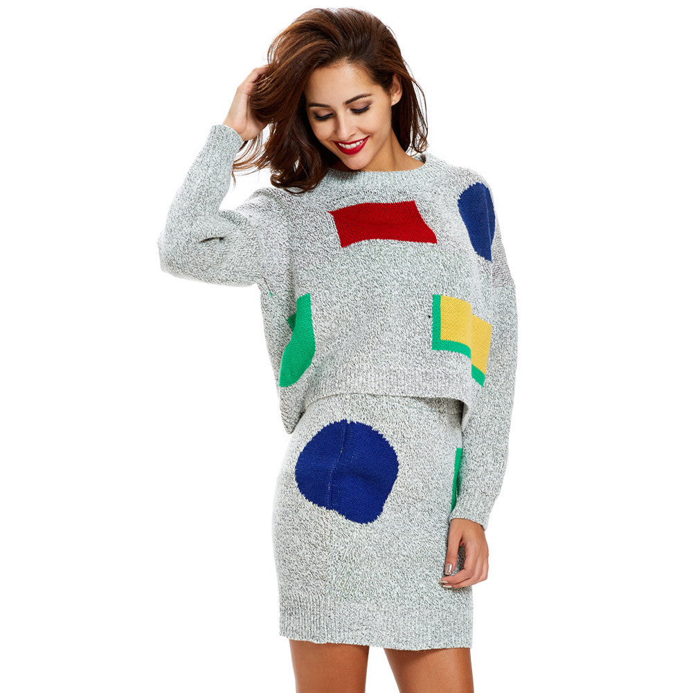 Women Knitted Sweater Dress  Long Sleeve Bodycon Dress 2Pcs Set Ladies Party Mini Dress Vestidos