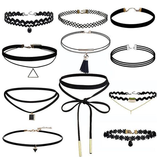 11 Pieces Women Choker Necklace Set Stretch Black Velvet Classic Gothic Tattoo Lace Chokers Jewelry