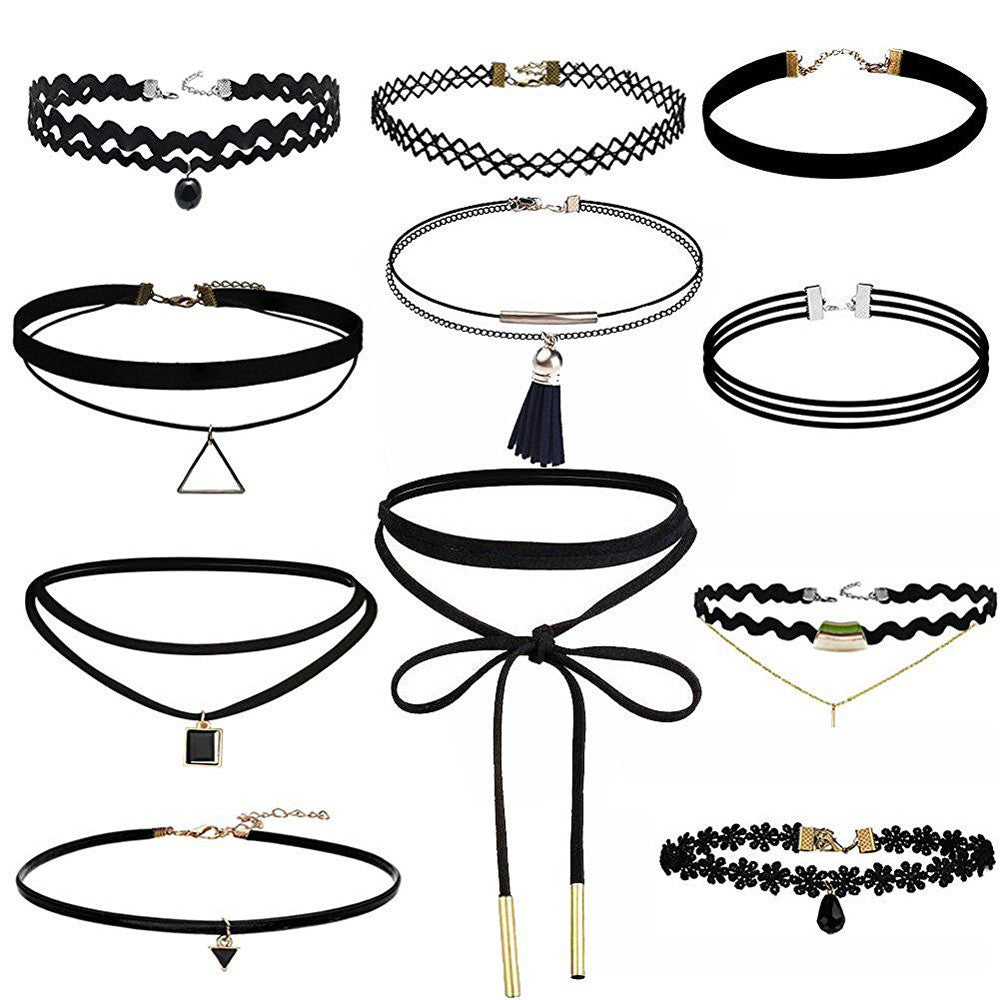 11 Pieces Women Choker Necklace Set Stretch Black Velvet Classic Gothic Tattoo Lace Chokers Jewelry