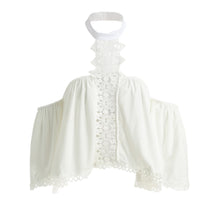 New Fashion Loose Women Blouse Off Shoulder Crochet Lace Tops Hollow Out Halter Backless Crop Top Shirt Blusas White