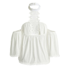 New Fashion Loose Women Blouse Off Shoulder Crochet Lace Tops Hollow Out Halter Backless Crop Top Shirt Blusas White