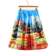Women Midi Skirt Rural Printing Pleated Zipper Elegant A-Line Ball Gown Skirt Women Blue