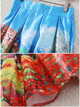 Women Midi Skirt Rural Printing Pleated Zipper Elegant A-Line Ball Gown Skirt Women Blue