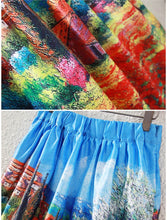 Women Midi Skirt Rural Printing Pleated Zipper Elegant A-Line Ball Gown Skirt Women Blue