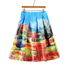 Women Midi Skirt Rural Printing Pleated Zipper Elegant A-Line Ball Gown Skirt Women Blue