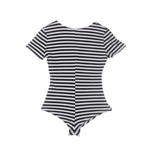 Fashion Women Sexy Jumpsuit Deep V Neck Striped Zip Up Bodysuit Tights Bodycon Rompers Short Jumpsuit Playsuit