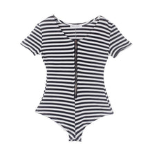 Fashion Women Sexy Jumpsuit Deep V Neck Striped Zip Up Bodysuit Tights Bodycon Rompers Short Jumpsuit Playsuit