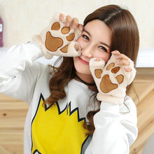 Girl Women Plush Plus Velvet Thickening Half-finger Flip Keep Warm Cute kitty Mittens Fingerless Glove For Women