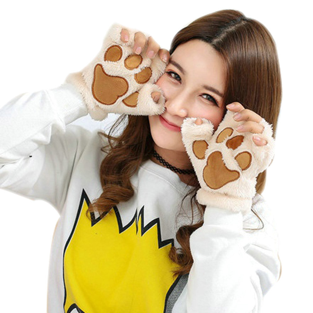 Girl Women Plush Plus Velvet Thickening Half-finger Flip Keep Warm Cute kitty Mittens Fingerless Glove For Women