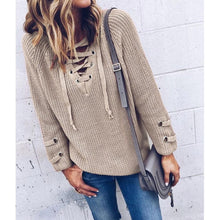 New Women V Neck Knitted Sweater Striped Bandage Cross Ties Long Pullover Loose Casual Knitwear Ladies South Korea Clothing