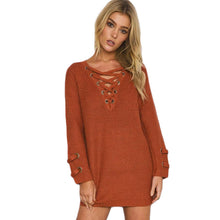 New Women V Neck Knitted Sweater Striped Bandage Cross Ties Long Pullover Loose Casual Knitwear Ladies South Korea Clothing