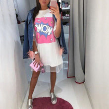 Organza Lace Dress WOW T-shirt Dresses Straight Women Letter Print Mesh Patchwork Short Sleeve Casual Dress