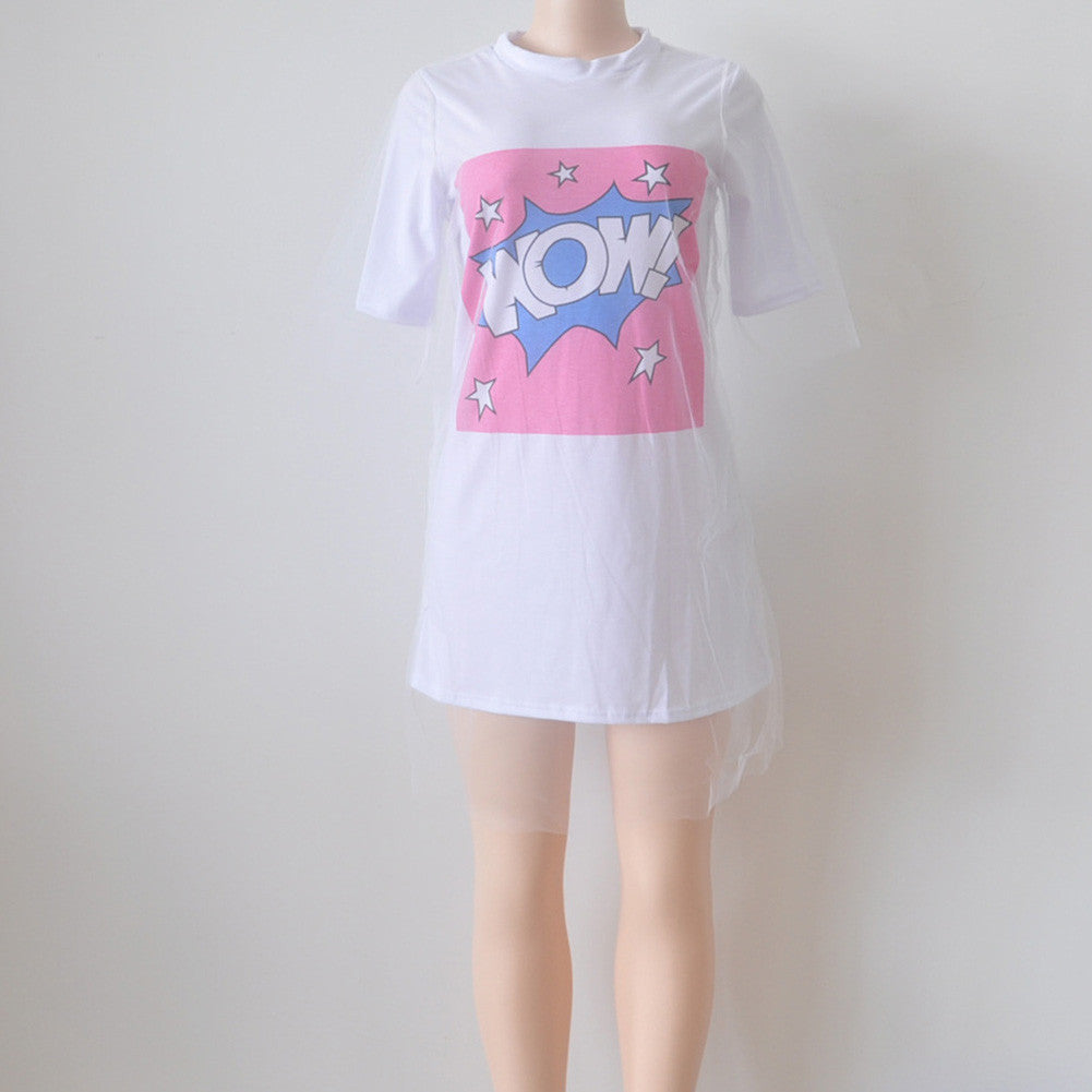 Organza Lace Dress WOW T-shirt Dresses Straight Women Letter Print Mesh Patchwork Short Sleeve Casual Dress