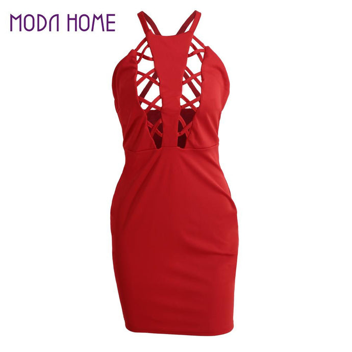 Sexy Bodycon Club Dress Red Sleeveless Backless Hollow Out Dress Evening Party Dress Clubwear Bandage dress
