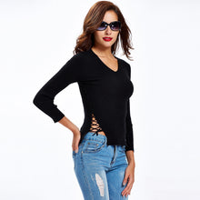Sexy Women Sweaters And Pullovers Lace Up Sides Long Sleeve V Neck Solid Slim Basic Tee Hollow Out Outwear Pull Femme