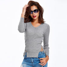 Sexy Women Sweaters And Pullovers Lace Up Sides Long Sleeve V Neck Solid Slim Basic Tee Hollow Out Outwear Pull Femme