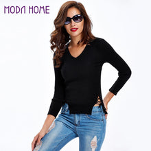 Sexy Women Sweaters And Pullovers Lace Up Sides Long Sleeve V Neck Solid Slim Basic Tee Hollow Out Outwear Pull Femme