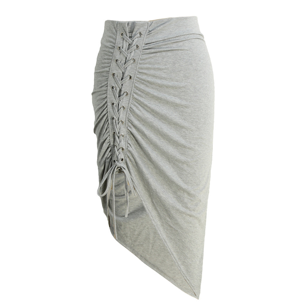 Sexy Women High Waist Bodycon Lace-Up Skirt Side Split Asymmetric Hem Laidies Pencil Skirt Elastic Waist Solid Pink Saia