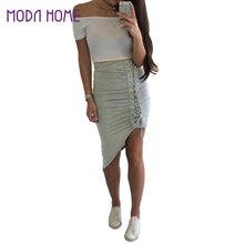 Sexy Women High Waist Bodycon Lace-Up Skirt Side Split Asymmetric Hem Laidies Pencil Skirt Elastic Waist Solid Pink Saia