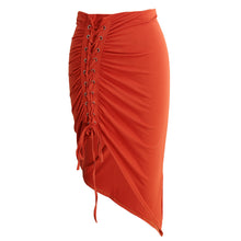 Sexy Women High Waist Bodycon Lace-Up Skirt Side Split Asymmetric Hem Laidies Pencil Skirt Elastic Waist Solid Pink Saia