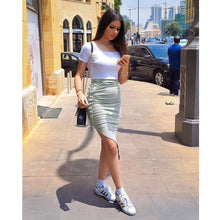 Sexy Women High Waist Bodycon Lace-Up Skirt Side Split Asymmetric Hem Laidies Pencil Skirt Elastic Waist Solid Pink Saia